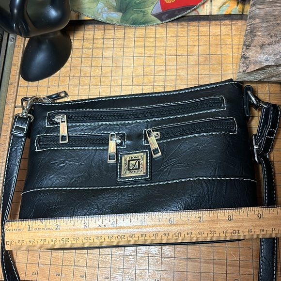 Stone Mountain USA Bag Black Leather w PVC Silver Zipper Pockets 9”Lx6.75”Hx2”D - Picture 4 of 17